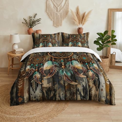 AILONEN Dream Catcher Duvet Cover Set Queen Size, Vintage Wood Bedding Set for Kids Teens Adults,Southwest Native Bohemian Comforter Cover Set,3-Pieces,1 Quilt Cover + 2 Pillowcases - color: Dream Catcher2, size: Queen