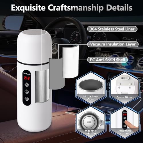 Car Electric Kettle,Portable Travel Kettle,12V/24V Car Coffee Warmer,420ML Hot Water Heater with Built-in Magnetic Induction Stirring,Small Mini Hot Water Boiler for Tea Coffee Milk - color: White
