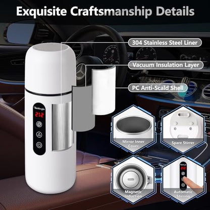 Car Electric Kettle,Portable Travel Kettle,12V/24V Car Coffee Warmer,420ML Hot Water Heater with Built-in Magnetic Induction Stirring,Small Mini Hot Water Boiler for Tea Coffee Milk - color: White