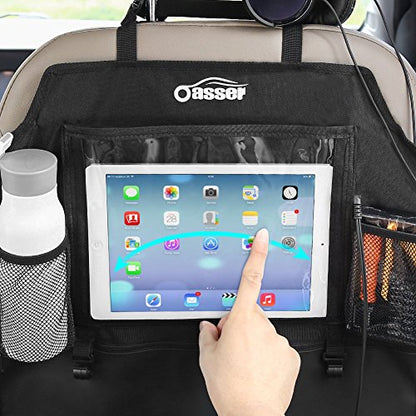 Oasser Seat Back Protector Kick Mats Backseat Car Organizers | 2 Pack, 1 Tissue Box, 12.9" Touch Screen Tablet Holder, Large Back of Seat Protector and Storage for Kids, 8 Pockets, Black
