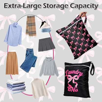 2 Pcs Large Travel Laundry Bags Waterproof Wet Dry Bag, Washable Dirty Clothes Bags for Travel，Drawstring, Bathing Suit, Workout, Gym Clothes Laundry, Swimming Pool & College Dorm, Black Bow - color: Black Bow