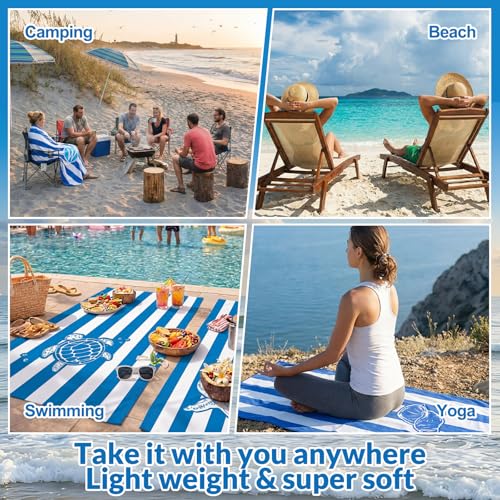 Frienda 4 Pack Microfiber Oversized Lightweight Beach Towel 71x32 in for Women Men Microfiber Quick Dry Sand Free Ocean Coastal Towels for Beach Pool Travel (Blue and White Stripes) - style: Blue and White Stripes
