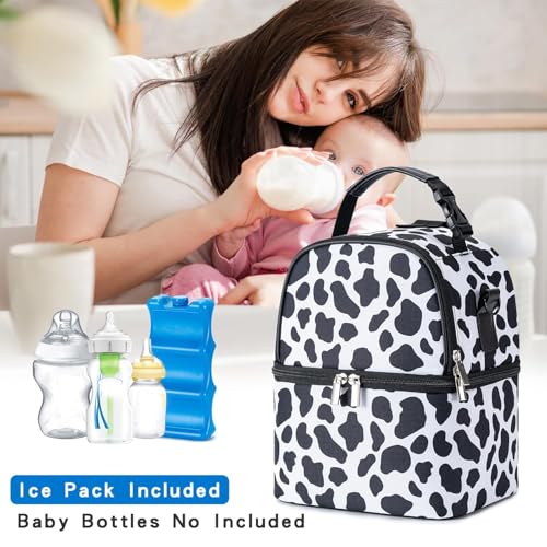 Breastmilk Cooler Bag with Ice Pack Fits 6 Baby Bottles up to 9 Ounce, Breast Milk Pump Cooler Bag with Shoulder Strap for Nursing Mom Daycare, Work, Travel - color: Cow