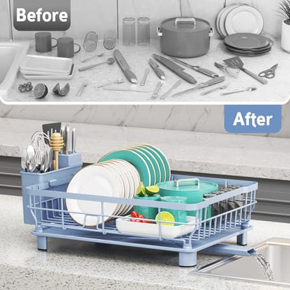 Dish Drying Rack - Space Saving Dish Rack - Dish Racks for Kitchen Counter with Drainboard,Rustproof Dish Drainer with Removable Utensil Holder,Blue - color: 1 Tier-blue