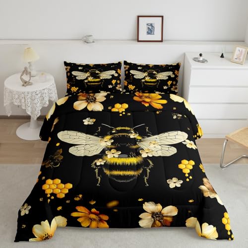 Feelyou Honey Bee Bedding Set Cute Bee with Flower Comforter Set for Kids Boys Girls Gerbera Floral Comforter Geometric Honeycomb Hexagon Duvet Set Flower Bee 2Pcs Twin Size Boys - color: Multi N126, size: Twin