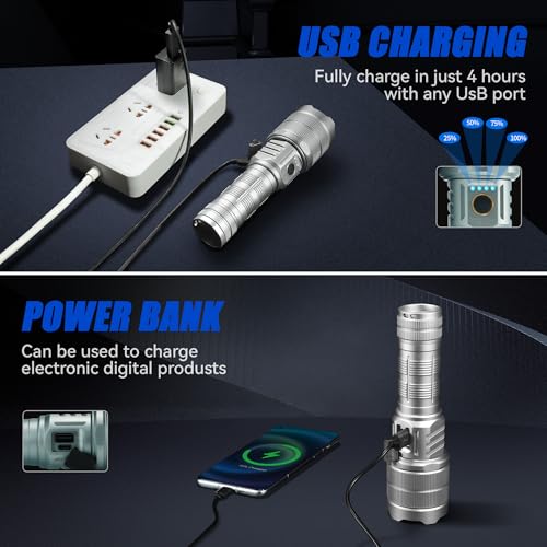 Rechargeable Flashlights 10000 High Lumens Super Bright LED Flashlight High Powered Tactical Flashlight Zoomable 3 Modes IPX6 Waterproof Handheld Flash Light for Camping Outdoor Emergencies
