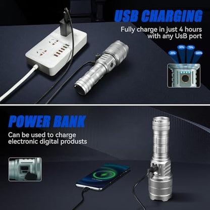 Rechargeable Flashlights 10000 High Lumens Super Bright LED Flashlight High Powered Tactical Flashlight Zoomable 3 Modes IPX6 Waterproof Handheld Flash Light for Camping Outdoor Emergencies