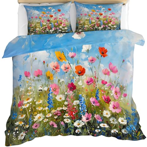 Floral Comforter Set Twin Size, Blue Sky Flowers Bedding Set 3 Piece, Vibrant Wildflowers Comforter Cover with Zipper & Ties, 2 Pillowcases - color: Blue Sky Flowers, size: Twin 68" x 90"