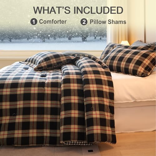 100% Cotton Comforter Set Full Size – Reversible Yarn-Dyed Checkered Design, Soft Washed Cotton on Both Sides, Lightweight All-Season Bedding, Machine Washable(Black Red Plaid, 80”x90”) - color: Black Red, size: Full(80"x90")