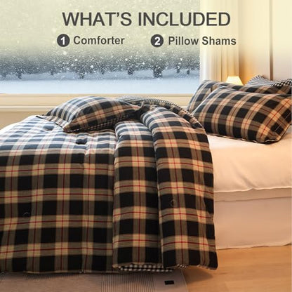100% Cotton Comforter Set Queen Size – Reversible Yarn-Dyed Checkered Design, Soft Washed Cotton on Both Sides, Lightweight All-Season Bedding, Machine Washable(Black Red Plaid, 90”x90”) - color: Black Red, size: Queen(90"x90")
