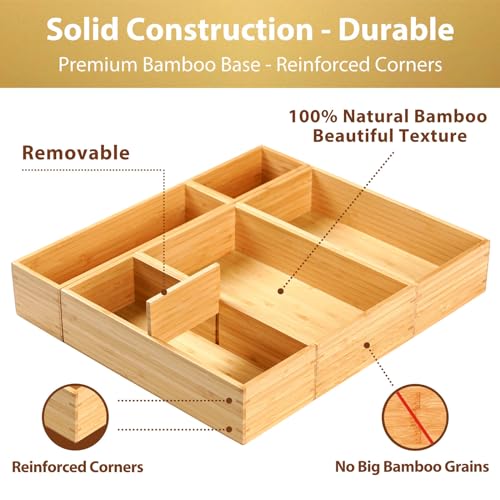 Umilife Drawer Organizer Storage Boxes, 2.5" High Bamboo Drawer Dividers, 5 Rearrangeable Bins for Kitchen, Office Desktop, Clothing, Makeup, vanity, Jewelry