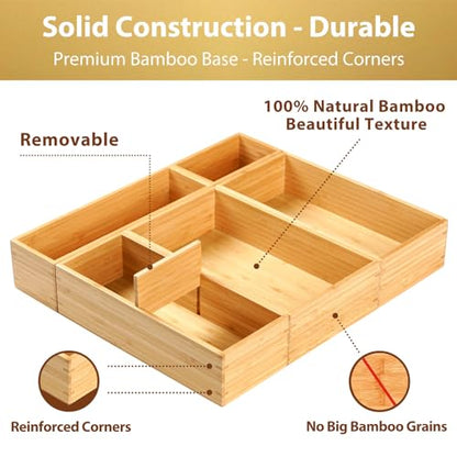 Umilife Drawer Organizer Storage Boxes, 2.5" High Bamboo Drawer Dividers, 5 Rearrangeable Bins for Kitchen, Office Desktop, Clothing, Makeup, vanity, Jewelry
