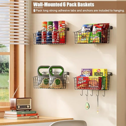 Sonyabecca 6 Pack Hanging Wall Basket for Organizing, Large Wire Basket for Storage Pantry with 5 S Hook+6 Adhesive Hook, Wall Mounted Shelf for Kitchen Bathroom - size: 13"L x 6.3"W x 6.02"H-6Pack