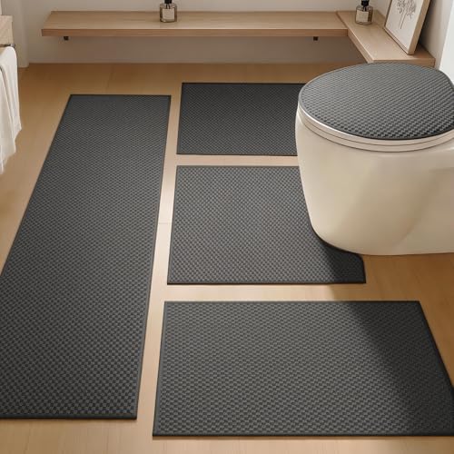 YIHOUSE Bathroom Rugs Sets 5 Piece Non Slip Washable, Absorbent Quick Dry Bath Mat Set with Toilet Mat, Weave Texture Low Profile Bath Rugs, Floor Mats for Bathroom, Tub & Shower, Dark Grey - color: Dark Grey, size: 5 Pieces