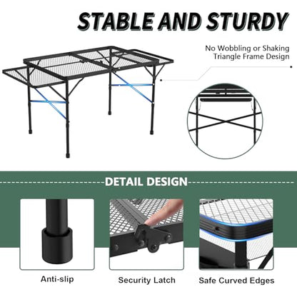 WildFinder Folding Table with 2 Wing Panels, 3x2 FT Camping Table with Mesh Desktop,Height Adjustable Folding Grill Table with Mesh Bag,Portable Outdoor Table for Picnic,Camping,BBQ,Beach(Black) - size: 3x2FT with 2 Panels