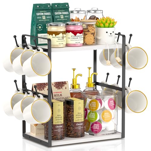EsLuker.ly 2 Tier Coffee Mug Holder Station Bar Organizer Countertop, Mug Cup Tree Rack for Kitchen Office, Storage Shelf with 12 Hooks, Creat Stylish Coffee Corner, White-Black - color: White + Black