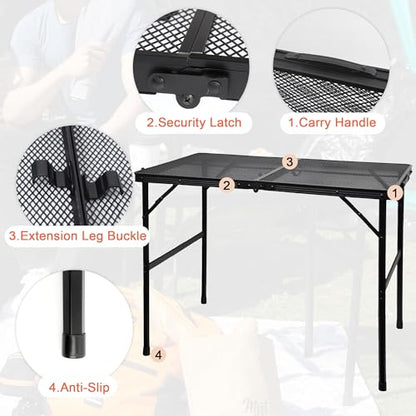 GREGIN Camping Table with Mesh Desktop, Lightweight & Portable Folding Grill Table, Height Adjustable Metal Outdoor Table for Camp, Cooking, BBQ, RV, Picnic-3 FT Black - size: M: 35.43"L x 23.62"W x 16.5"H/26"H
