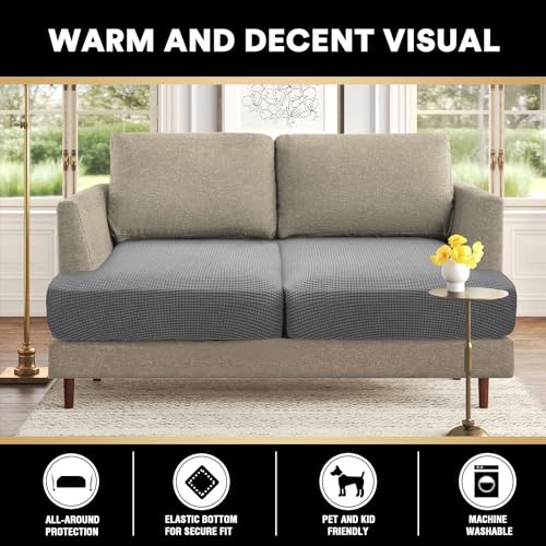 PrinceDeco 2 Piece Loveseat Sofa Slipcovers for T Cushion Couch Cover T Shaped 2 Cushion Couch Sofa Seat Cover with Elastic Bottom Pets Friendly Jacquard Small Checked,Dove - color: Dove, size: 2 Cushion Sofa