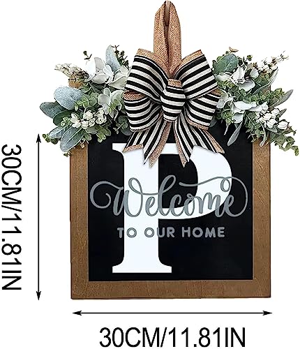 Last Name All Year Round Front Door Wreath with 26 Initial Letter Welcome Sign All Seasons Eucalyptus Garland and Bow ，Farmhouse, Porch, for Spring Summer Fall All Seasons Holiday Halloween Christmas.（P） - color: P