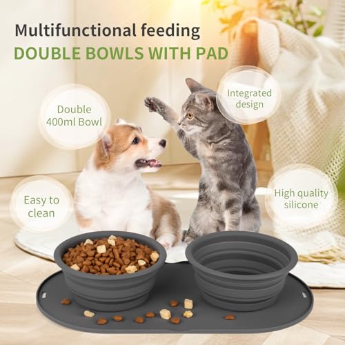 Puppy Dog Bowl,Travel Bowls Dog Food Bowls&Dog Water Bowls,No Spills,Collapsible Double Bowl,Suitable for Small and Medium Sized Dogs(Dark Grey) - color: Dark grey