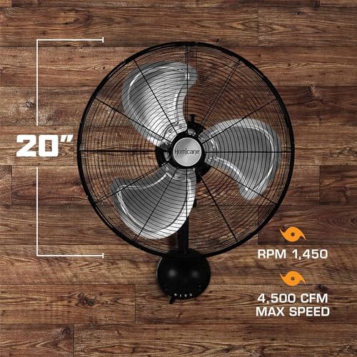 Hurricane Pro High Velocity Oscillating Metal Wall Mount Fan w/ 3 Speeds, Black, 20" - Corded Electric Air Cooling Unit w/ Powerful 4500 CFM Airflow for Home, Garage, Gym, Workshop & Greenhouse - style: 20" Pro Series