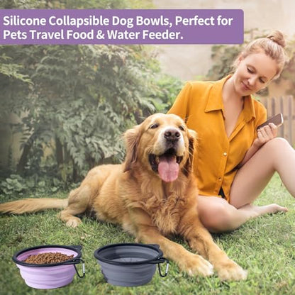 2Pack Silicone Collapsible Dog Bowls, Cute Pet Ear Shape and Cat Graphic Travel Water Bowl Full of Pet Atmosphere 25oz Portable Feeder for Small Large Dog Walking Hiking Camping (Purple and Grey) - color: Purple and Grey