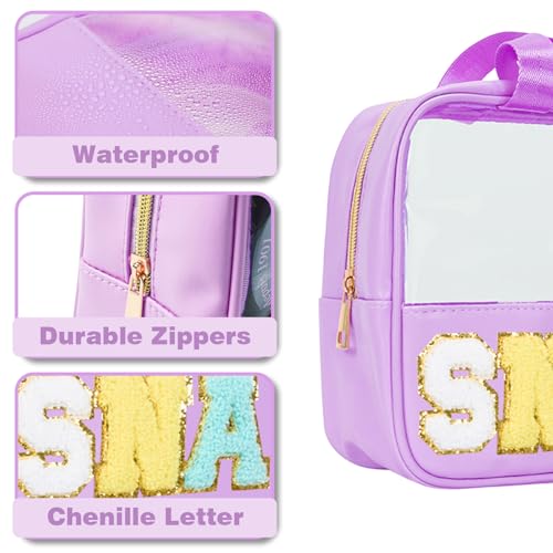 Snack Bags Chenille Letter Patch Clear Bag for Travel, Preppy Cosmetic Bag Snack pouch with Zipper, Toiletry Bag for Traveling Women, Clear Travel Bags for Toiletries (Deep Purple) - color: Deep Purple