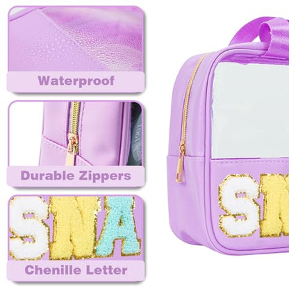Snack Bags Chenille Letter Patch Clear Bag for Travel, Preppy Cosmetic Bag Snack pouch with Zipper, Toiletry Bag for Traveling Women, Clear Travel Bags for Toiletries (Deep Purple) - color: Deep Purple