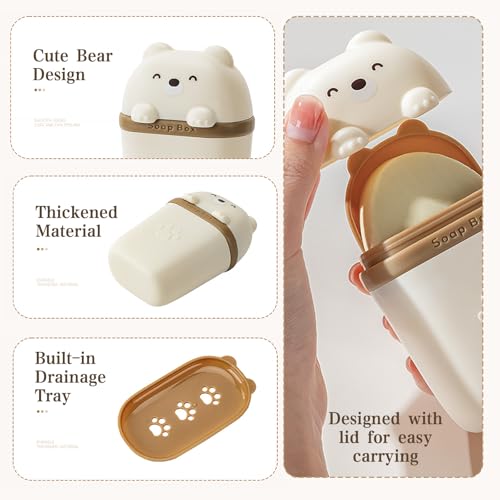 3Pcs Cute Travel Soap Case, Portable Leakproof Soap Container Box Dish with Lid, Draining Soap Holder with Covers for Bathroom Gym Traveling Camping Outdoor (Bear Shape)