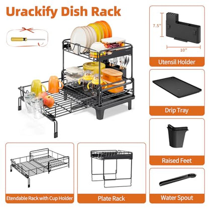 Urackify Dish Drying Rack - Extendable Dish Drainer, Large Dish Rack for Kitchen Counter, Rustproof Dish Strainer with Utensil Holder and Cups Holder, 2 Tier Black
