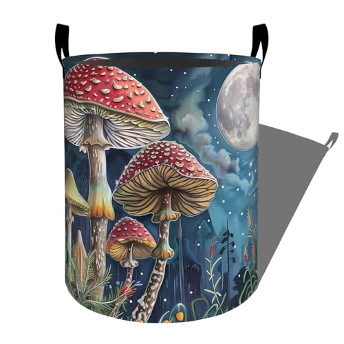 Charming Mushrooms Under Full Moon Laundry Basket with Handles, 19.7"x15.7" Clothes Foldable Laundry Hamper Organizer for Dorm Nursery Bedroom Bathroom Decor, Toy Storage Bin for Kids - style: Mushroom44
