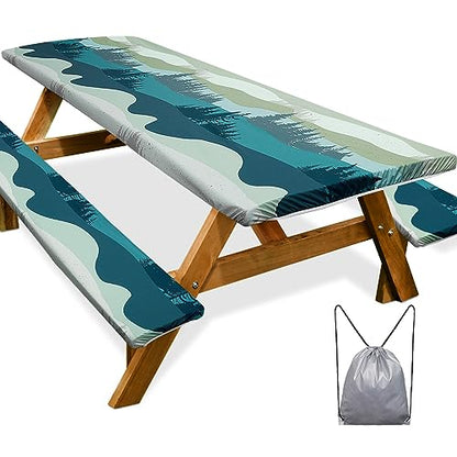 Picnic Table Cover with Bench Covers Camping Essentials Waterproof Windproof Camping Tablecloth with Drawstring Bag, Fitted Rectangle Tables and Seats, 96in, Green Blue - color: Green Blue, size: 96in