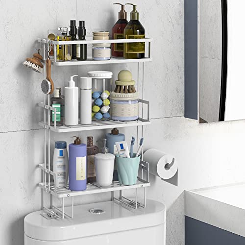 FLOLXNB Over The Toilet Storage,3-Tier Bathroom Organizer Shelves with Paper Holder, Multifunctional Toilet Rack,No Drilling Storage Shelf, Home Storage Space Saver Wall Mounting Design,White - color: White, size: 3-Tier