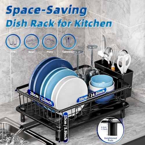GAOKASE Dish Drying Rack, Stainless Steel-Dish Rack, Dish Racks for Kitchen Counter, Kitchen Dish Drainers with Removable Utensil Holder,New Drain Outlet,Plate Rack and Drainboard,Black - color: Black