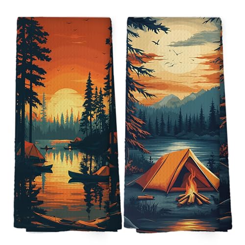 Camping Kitchen Towels - Adventure Travel Dish Towels Gifts for Campers, Forest Pine Tree Kitchen Decorative Absorbent Dishcloths Hand Towel for RV Farmhouse Cooking Baking Decor 16x24 Inches - color: Summer-16