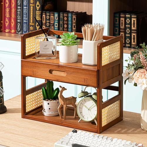 Yalikop Bamboo Matcha Station Organizer 2 Tier Countertops Stand Shelf with Hidden Drawer Coffee Station Organizer for Whisk Set Bowl Cup Mug, Home Kitchen Bars 15.75" x 7.87" x 15.35"(Brown)
