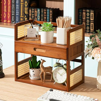 Yalikop Bamboo Matcha Station Organizer 2 Tier Countertops Stand Shelf with Hidden Drawer Coffee Station Organizer for Whisk Set Bowl Cup Mug, Home Kitchen Bars 15.75" x 7.87" x 15.35"(Brown)