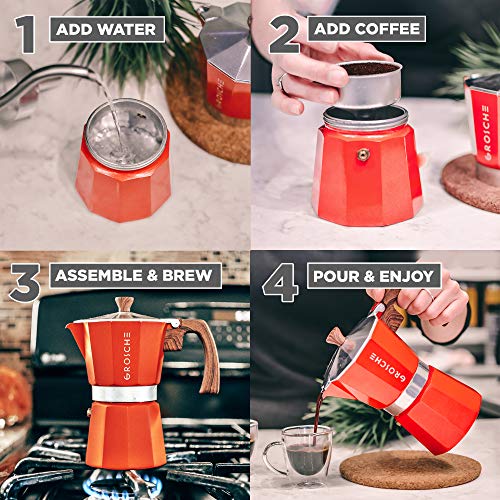 GROSCHE Milano Stovetop Espresso Maker Moka Pot 3 espresso Cup - 5oz, Red - Cuban Coffee Maker Stove top coffee maker Moka Italian espresso greca coffee maker brewer percolator - color: Red, size: 3 espresso cups