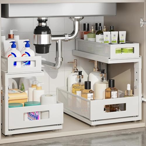 2 Pack Under Sink Organizer With Next-Gen Ball-Bearing Slides,2-Tier Pull Out Cabinet Storage,Height Adjustable Drawer Shelf for Bathroom,Kitchen,Laundry,Cabinet,Pantry(Patent Pending) - color: White, size: 2 Pack-15.74"Dx12.8"-16.9"H