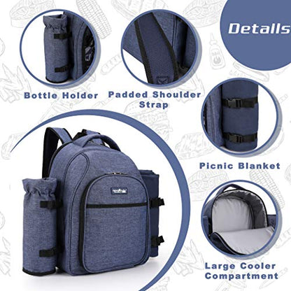 Apollo Walker Picnic Backpack Bag for 2 Person with Cooler Compartment, Detachable Bottle/Wine Holder, Fleece Blanket, Plates and Cutlery Set (2 Person, Navy) - color: Navy, size: 2 Person