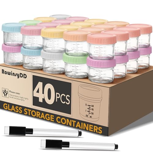 RowinsyDD 40 Pack Glass Baby Food Storage Containers, 4 oz Leakproof Baby Food Jars with Lids, Small Glass Food Containers for Infant Baby, Freezer & Microwave Safe, BPA Free - size: 40P