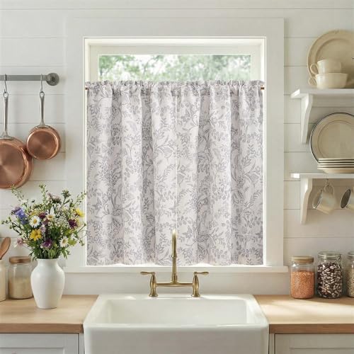 jinchan Floral Kitchen Curtains for Windows 36 Inch Grey Linen Lined Tier Farmhouse Cafe Curtains Country Botanic Small Window Rod Pocket Rustic Flax for Laundry Bathroom RV 2 Panels Gray on Beige - color: Lined Gray on Beige, size: 25"W x 36"L (Pack of 2