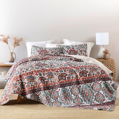 HORIMOTE HOME Boho Quilt Queen Size, Reversible Bohemian Style Twill Strip Floral Quilt Beddding Set, Colorful and Soft Bedspread Full Size Quilt Coverlet for All Season, 2 Pillow Shams (3 Pieces) - color: Turquoise, size: Full/Queen