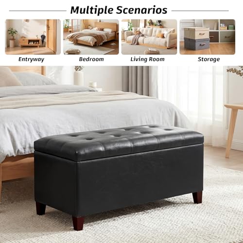 Joveco Storage Ottoman Bench, 33 Inches Faux Leather Rectangle Tufted Foot Stool for End Foot of Bed, Bedroom, Living Room, Black - color: Rectangular Black