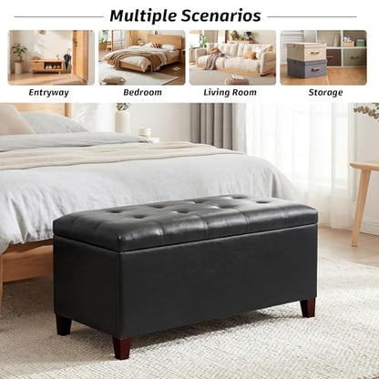 Joveco Storage Ottoman Bench, 33 Inches Faux Leather Rectangle Tufted Foot Stool for End Foot of Bed, Bedroom, Living Room, Black - color: Rectangular Black