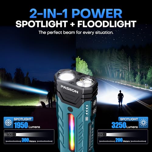 EDC Rechargeable Flashlight 3250 Lumens with RGB Light,55 Modes Multifunctional Flat Flashlight with Floodlight,Spotlight and Magnetic Base,Waterproof USB C Flashlight for Camping,Home,Emergencies - size: Blue