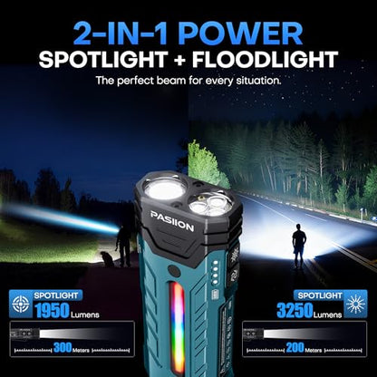 EDC Rechargeable Flashlight 3250 Lumens with RGB Light,55 Modes Multifunctional Flat Flashlight with Floodlight,Spotlight and Magnetic Base,Waterproof USB C Flashlight for Camping,Home,Emergencies - size: Blue