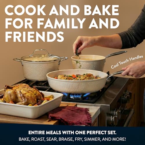 Gotham Steel Hammered 15 Pc Ceramic Cookware Set Nonstick, Pots and Pans Set Non Stick with Induction Cookware, Cooking Utensils & Steamer, Non Toxic PFOA PFOS Free, Oven & Dishwasher Safe - color: Hammered Cream