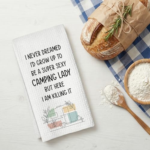Camping Kitchen Towels 16x24 Waffle Weave, I Never Dreamed I’d Grow Up to Be a Super Sexy Camping Lady Dish Towels, Camp RV Gifts for Women, Gifts for Campers -A02 - color: Camping_02