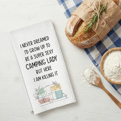 Camping Kitchen Towels 16x24 Waffle Weave, I Never Dreamed I’d Grow Up to Be a Super Sexy Camping Lady Dish Towels, Camp RV Gifts for Women, Gifts for Campers -A02 - color: Camping_02
